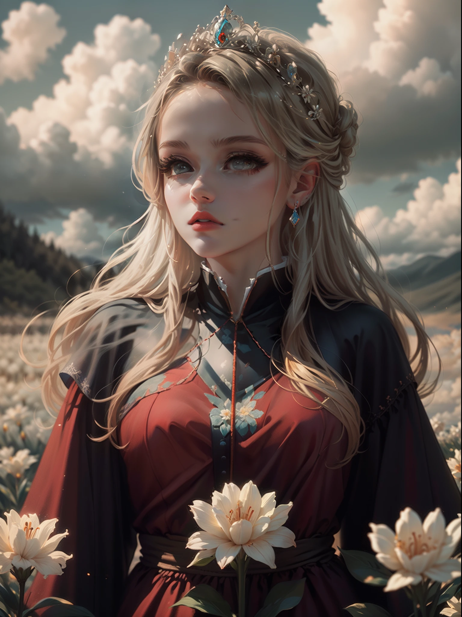 Beautiful nordic princess in lily field,wearing red gown ,day light condition,blue sky ,white clouds,zoom up image on princess ,light theme