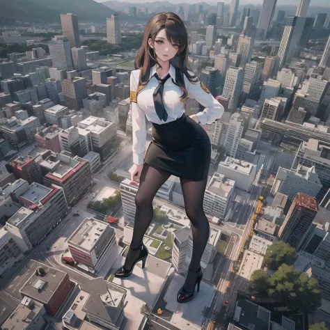 tallgts,Giantess，Full body photo，Building seating,School uniforms，Big breasts，pencil skirts，black lence stockings，stiletto，(Long legs:1.2),Extremely tall girl，Beautiful looks，Delicatemakeup，Perfect lighting，Cinematic quality，8K,High quality,(GTS:1.5),Aeria...