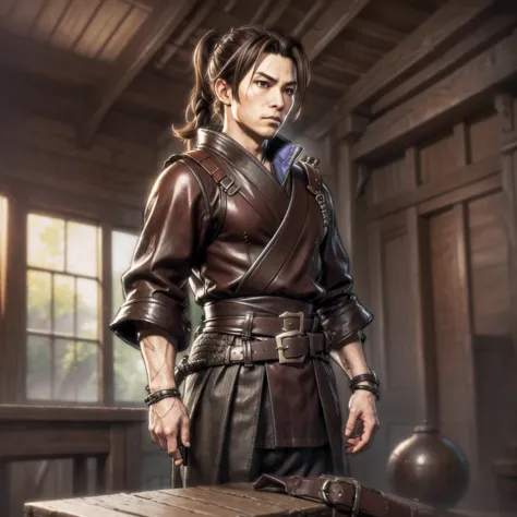 game art design, octopath traveler 2, 1boy, hikari ku, (solo:1.4), brown hair, ponytail, samurai warrior wearing a katana on his...