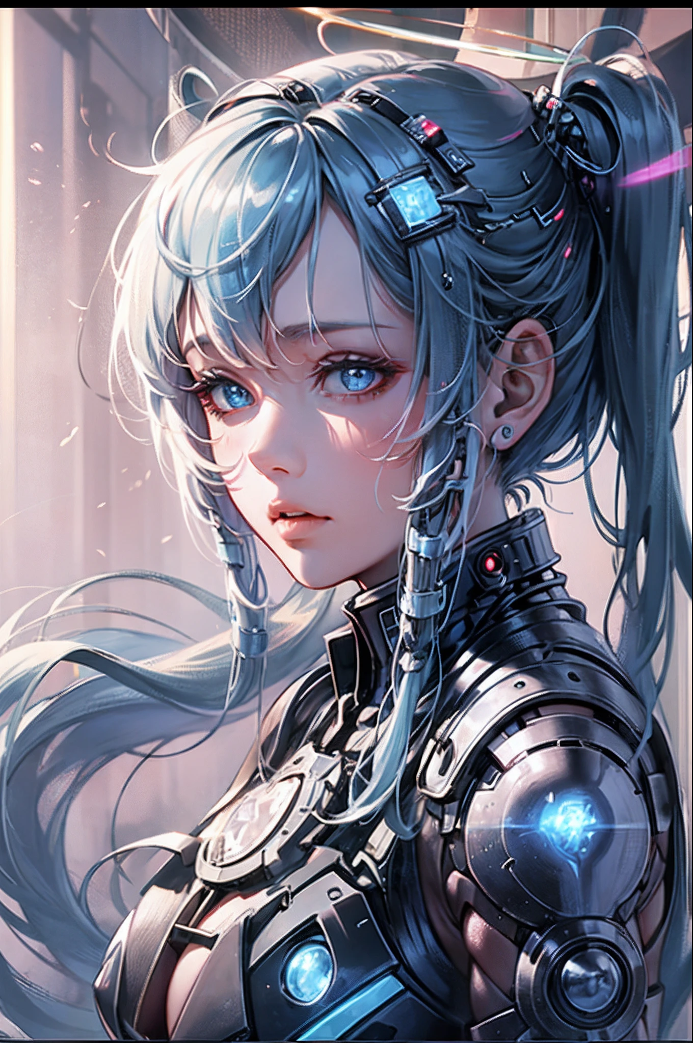 ein Mädchen mit einem Heiligenschein auf dem Kopf, Cortana, Cortana from halo, blaue Aura, virtuelles Selbst, Mädchen, schöne Cyborg-Priesterin, tiefe Aura, cyberpunk anime art, heiliges Cyborg-Nekromanten-Mädchen, anime cyberpunk art, blaues Leuchten, orianna, reine Aura, Techno mystische Göttin, Tron Vermächtnis Jesus, Schicksal null, nanogirl--ar9;16 --auto --s2