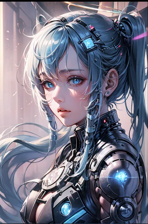a girl with a halo on her head, cortana, cortana from halo, blue aura, virtual self, nezha, beautiful cyborg priestess, deep aur...