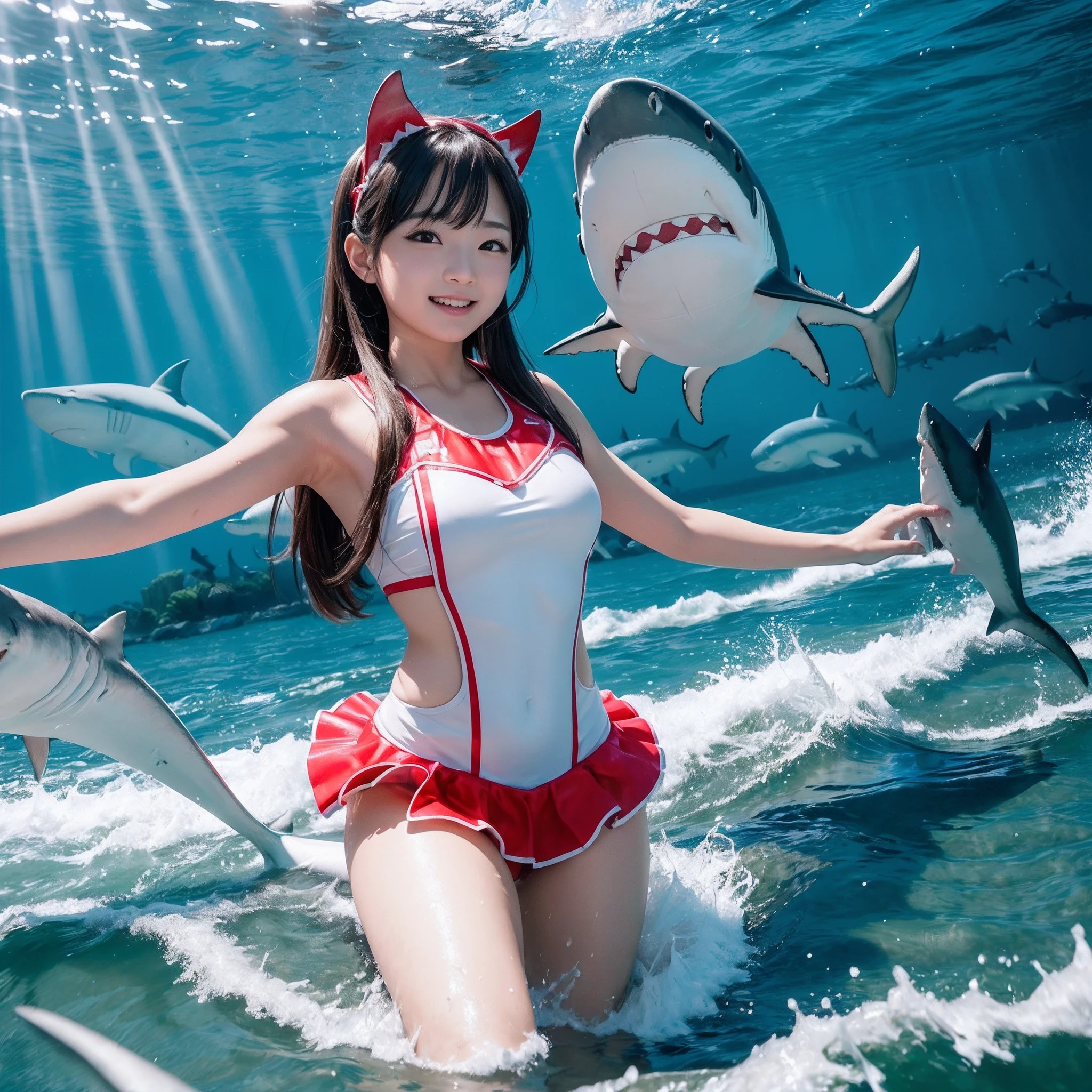 Mujer en traje de baño rojo y blanco con tiburones en el agua. - SeaArt AI