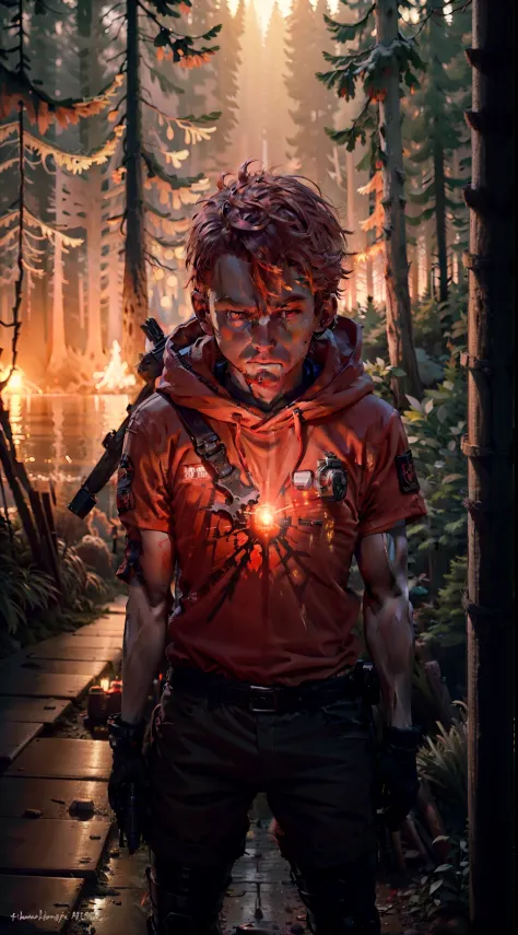 red colour，Hard work，Spirit is precious，Orange colors，sunraise，fiber-optics，with light glowing，ln the forest，the sea，Boy student...