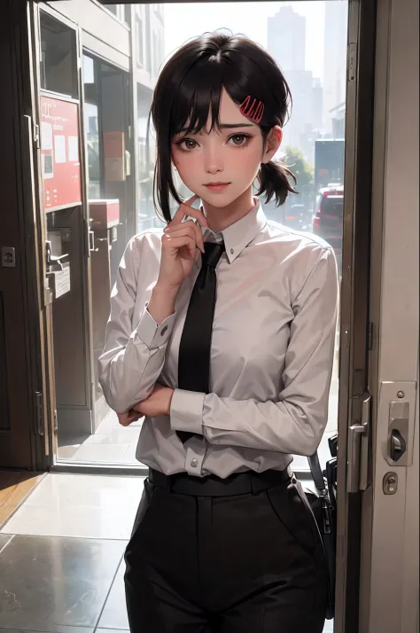 masterpiece, best quality, ultra-detailed, illustration, epic lighting, cinematic composition, isometric, 1girl, solo, cute, brown eyes, black hair, swept bangs, single sidelock, red hairclip, white collared shirt, black necktie, black pants, formal, encha...