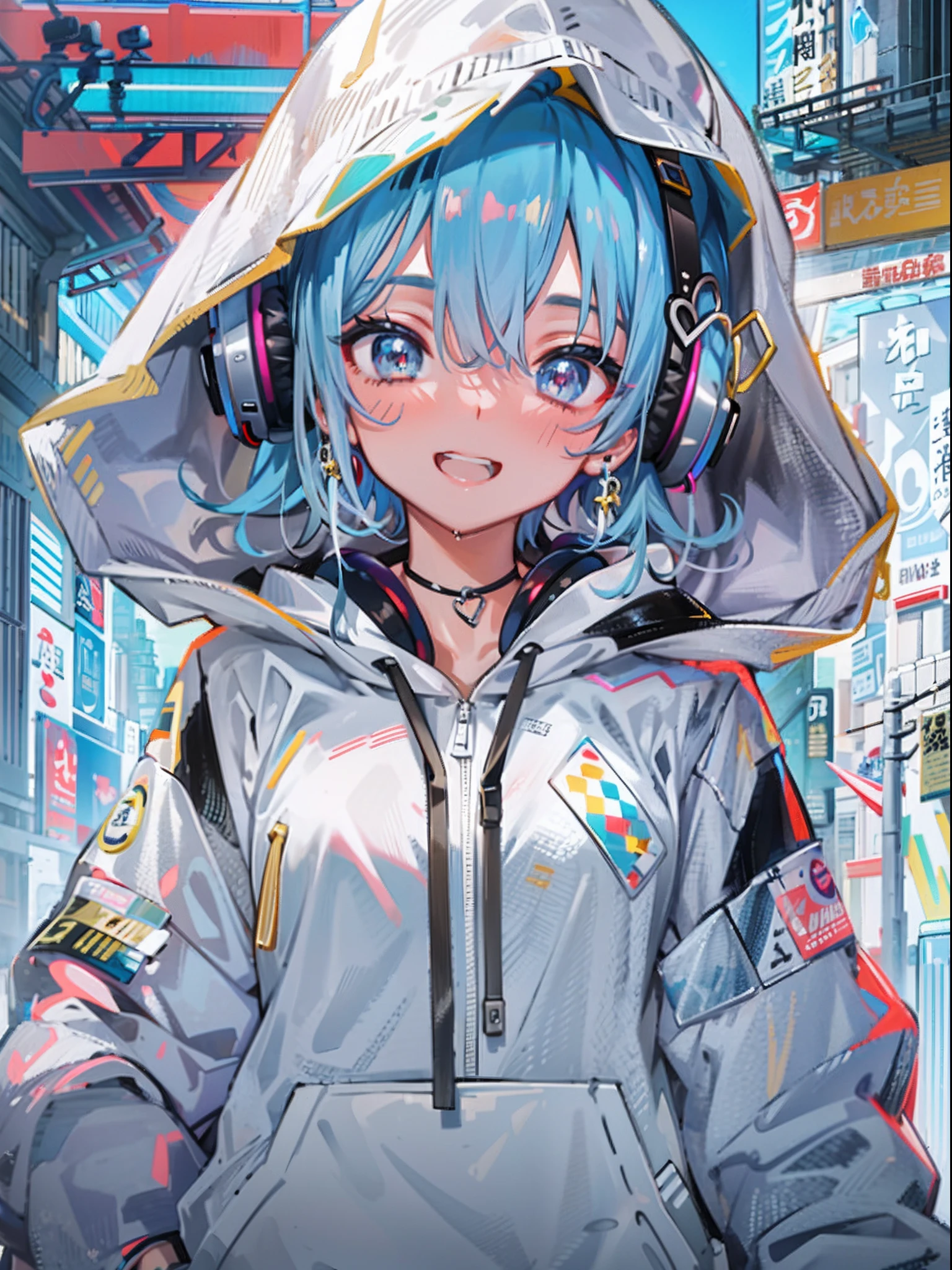 8k resolution、((top-quality))、((​masterpiece))、((ultra-detailliert))、1 woman、solo、incredibly absurdness、Oversized hoodies、headphones、Street、plein air、Sateen、neons、Shortcut Hair、Brightly colored eyes、Hands in pockets、shortpants、water dripping