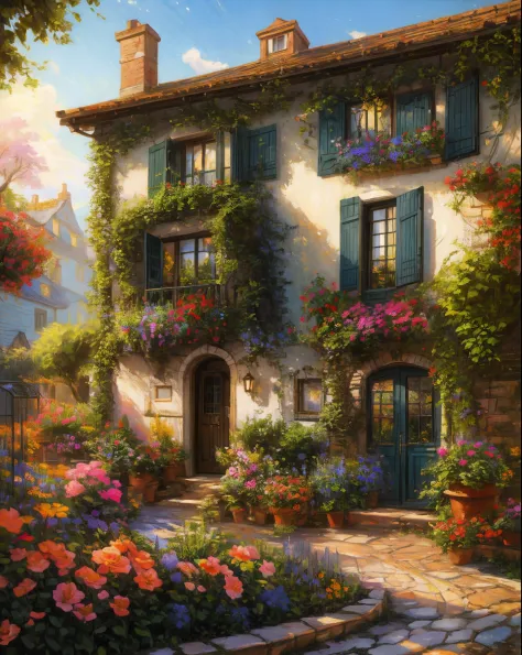 painting of a house with a garden and flowers in front of it, inspired by Evgeny Lushpin, beatiful house, detailed painting 4 k,...