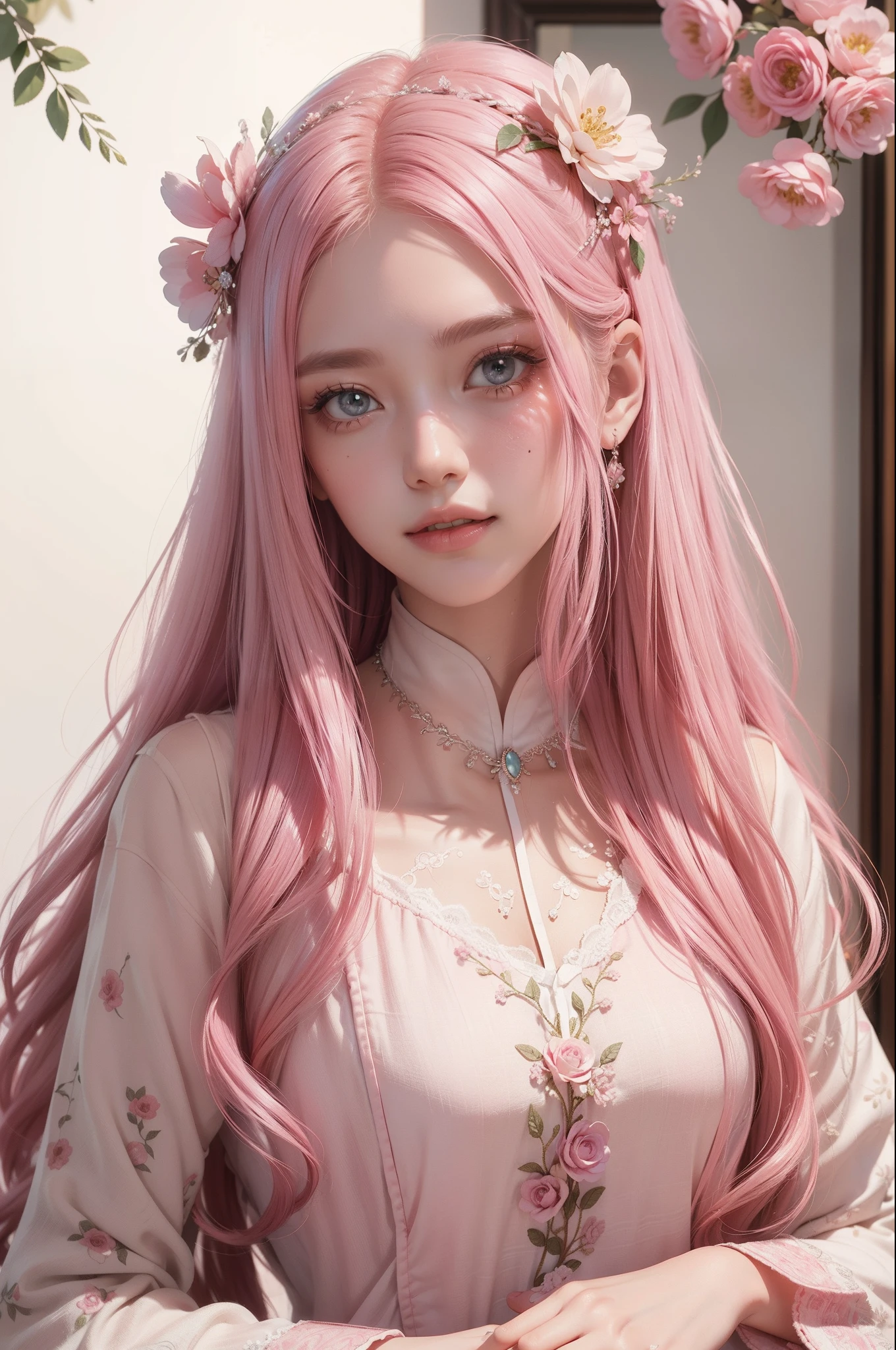 ​masterpiece、top-quality、Pink Fashion、Long pink hair、Beautuful Women、Beautiful eyes、Gentle smile、Floral hair ornament