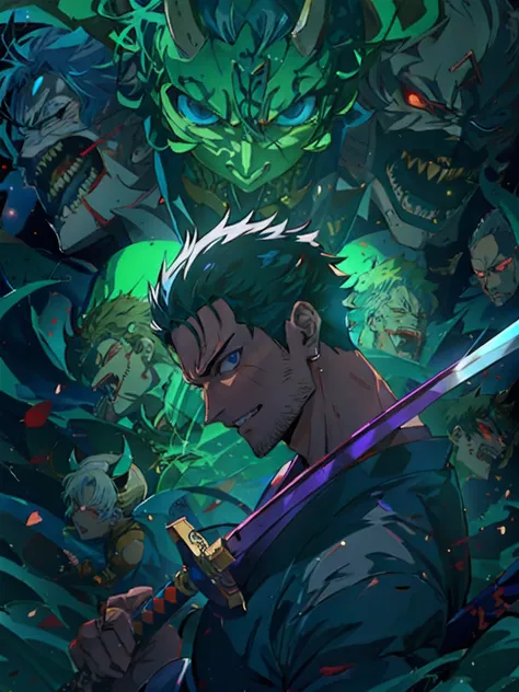 anime character with green hair holding a sword surrounded by skulls ...