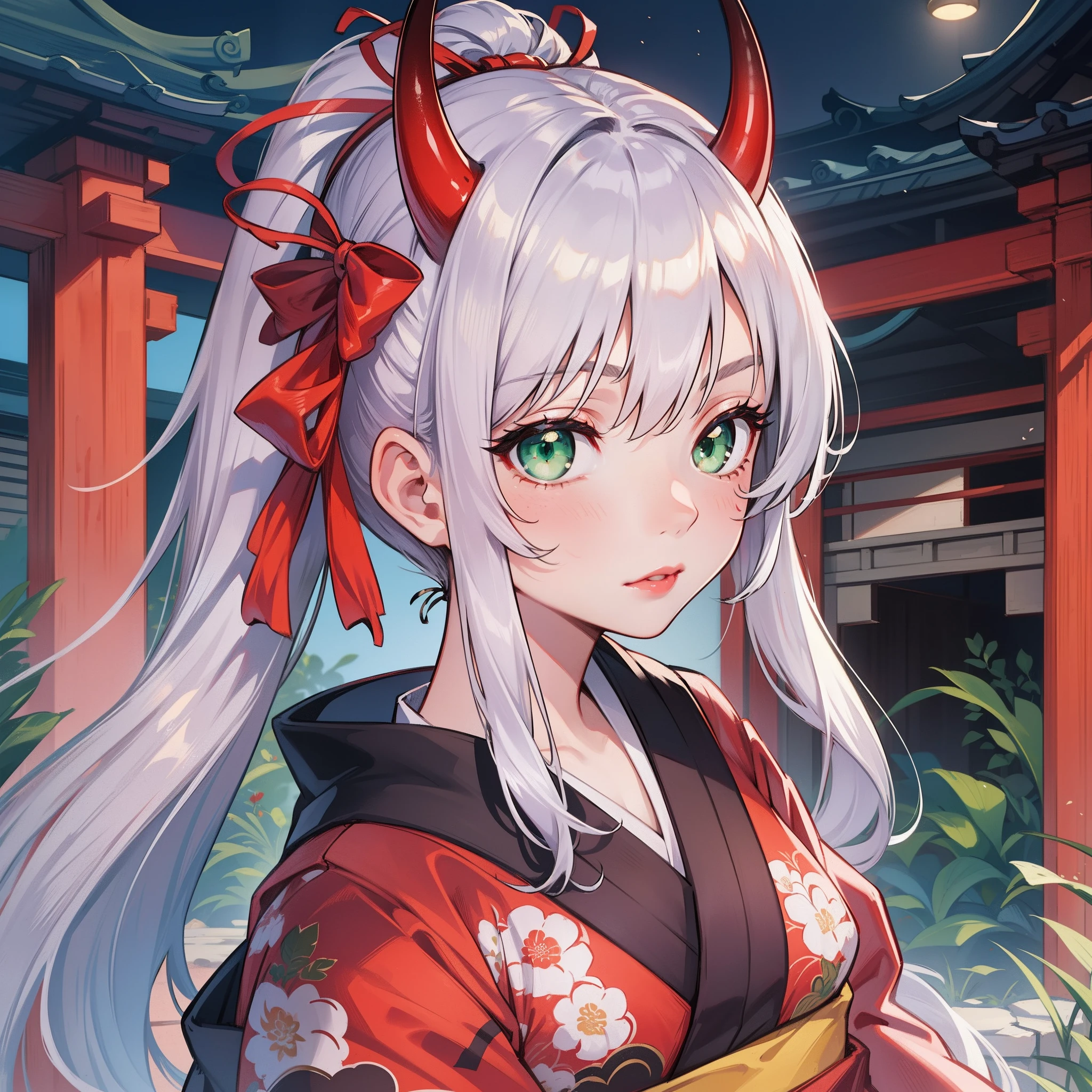 best quality, highly detailed beautiful face and eye, (1girl, solo), (loli, 12years old), kimono, (silver straight hair, hair ribbon), demon horns, light green eyes, red lip, floral tattoo on face, earnest expression, Japanese ancient capital, face focus