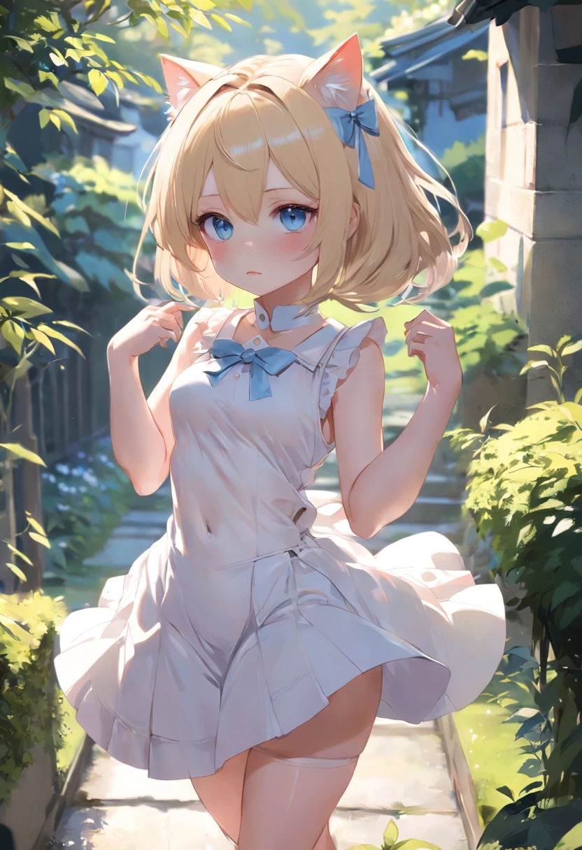 Cat-eared girl in white dress standing in garden, BREAK，a blond，blue ...