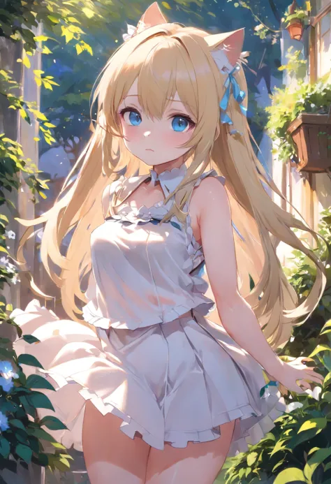 Cat-eared girl in white dress standing in garden, BREAK，Blonde long hair，blue eyes，(((Sleeveless)))，Pull up your skirt to show your panties，loli in dress, small curvy loli, artwork in the style of guweiz, guweiz on pixiv artstation, guweiz on artstation pi...