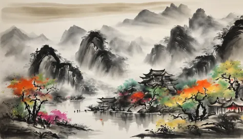 A mountain painting with a river and a village, Chinese painting style, inspired by Huang Binhong, Traditional Chinese Ink Painting, Chinese ink painting, Traditional Chinese painting, Traditional Chinese art, inspired by Zhang Shunzi, Chinese landscape, C...