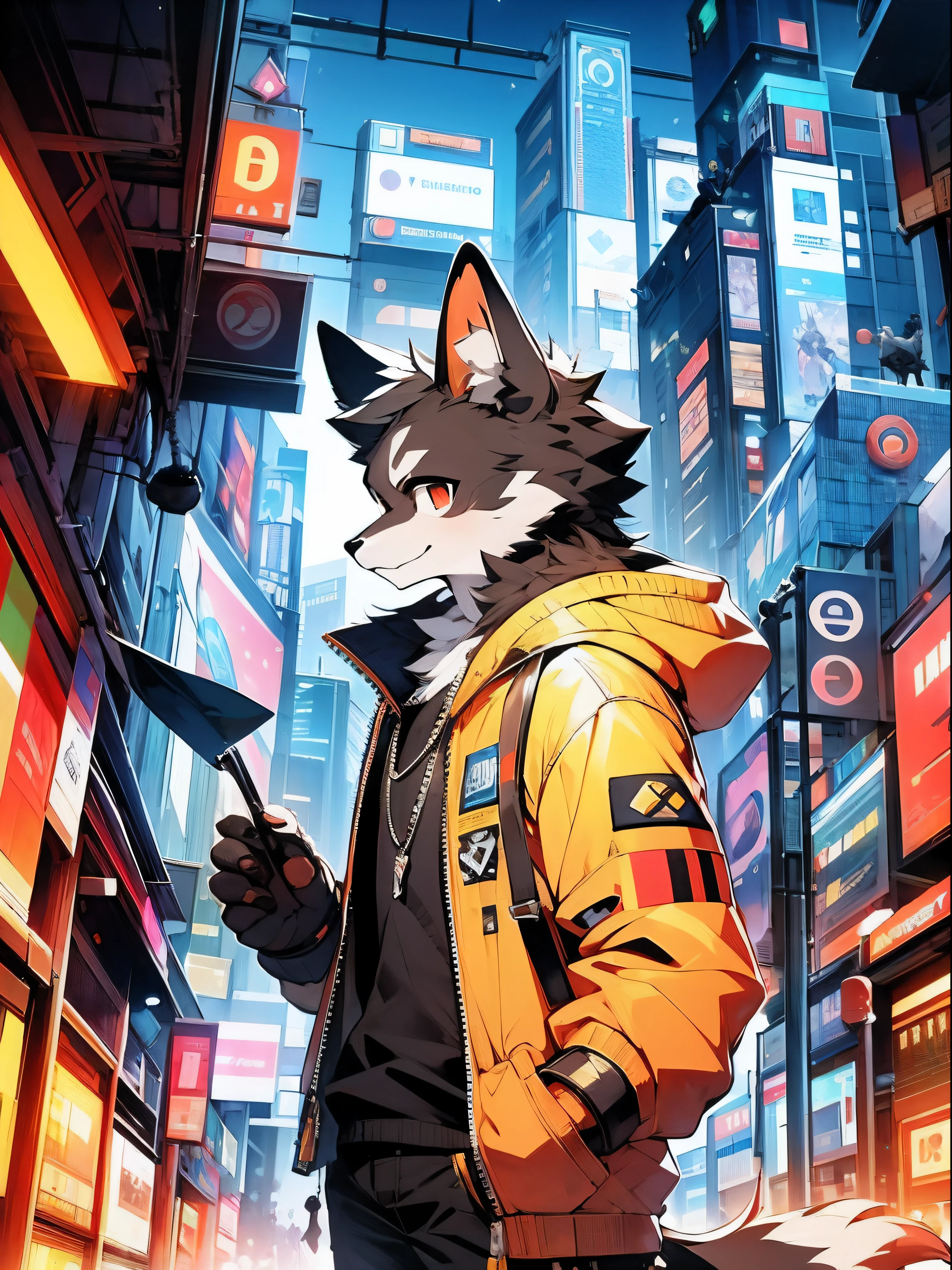 Master masterpiece，A high resolution，8k，high qulity，BREAk，BREAk，（Medium build，Black fur，Red pupils，Bright yellow coat，）） hairy pubic， Broken， mascular， male people， human - shaped，Bright yellow sweatshirt，hooding，(Cyberpunk style，城市，mechanized)，独奏