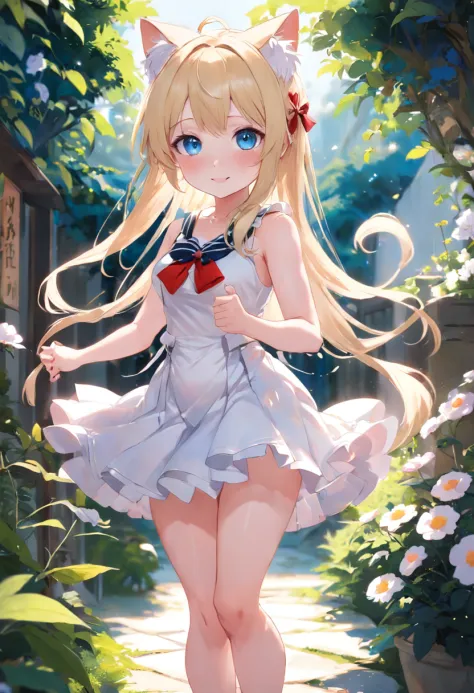 Cat-eared girl in white dress standing in garden, BREAK，a blond，blue ...