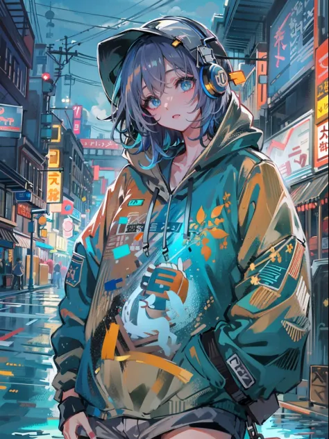 8K分辨率、((top-quality))、((​masterpiece))、((ultra-detailliert))、1 woman、独奏、incredibly absurdness、Oversized hoodies、headphones、Street、plein air、Sateen、Neon Street、Shortcut Hair、Brightly colored eyes、Hands in pockets、shortpants、water dripping