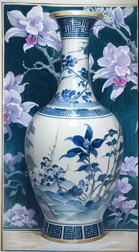 best qualtiy，8K，（Blue and white porcelain style:1.4），Chinese porcelain，{1 vase}，The body of the bottle is coated with orchids、clubs，without humans，Most detailed，Chinese ink painting，清晰的线条，Clear texture，simplebackground，