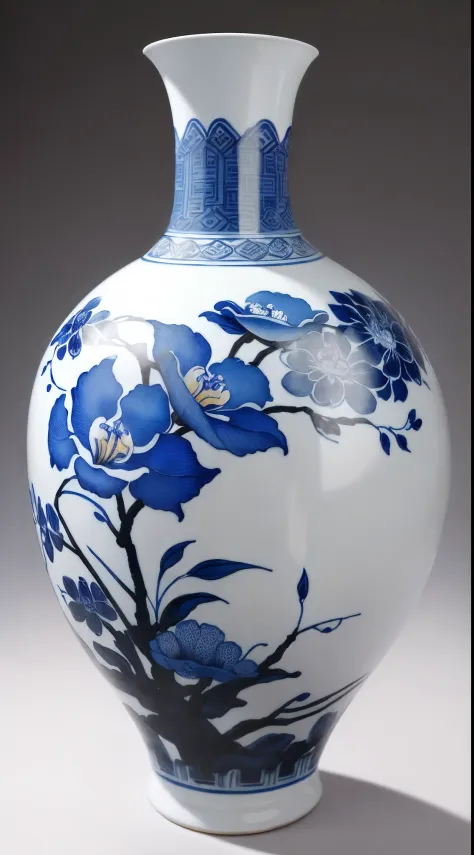best qualtiy，8K，（Blue and white porcelain style:1.4），Chinese porcelain，{Display 1 vase}，The body of the bottle is coated with orchids、clubs，Most detailed，Chinese ink painting，清晰的线条，Clear texture，simplebackground，