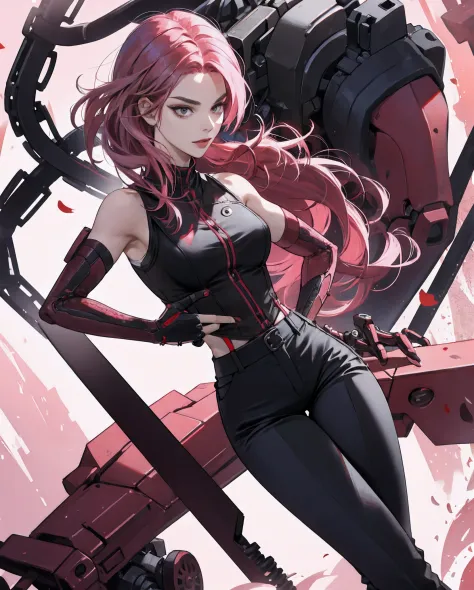 aife, woman, mechanical arm, scarlet pink hair, masculine, sleeveless, black pants