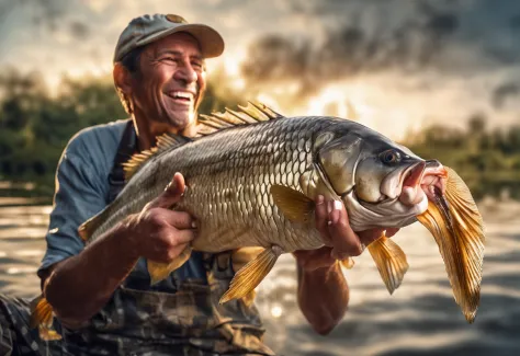 a cheerful fisherman, white race, holding a masterpiece carp, a pond in the background, photorealistic, beautiful lighting, best quality, realistic, intricate details, depth of field, highly-detailed, bright day