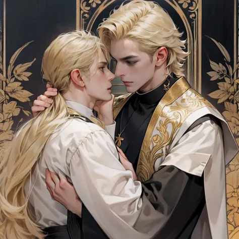 A black-clad priest holds a beautiful blond man，Extremely handsome，Close-up，𝓡𝓸𝓶𝓪𝓷𝓽𝓲𝓬