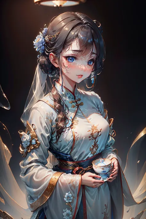 A young Chinese woman wearing a girl in Hanfu,chinaware，Blue and white porcelain style,hanfugirl，ancient china art style,(highde...