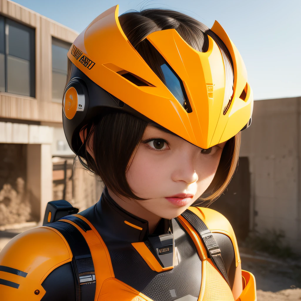 Highest image quality，Outstanding details，Ultra-high resolution，（Fidelity：1.4），The best illustration，Favor the details，Highly cohesive 1girl，He has a delicate and beautiful face，Dressed in a light orange mech，wearing a mech helmet，Hold the direction controller，Riding on a motorcycle，The background is a high-tech lighting scene in an abandoned city of the future。