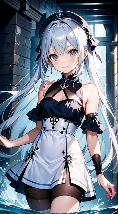 top image quality　original characters、icy、volume lighting、silver long hair、summer  dress、tokyo underground labyrinth、water chann...