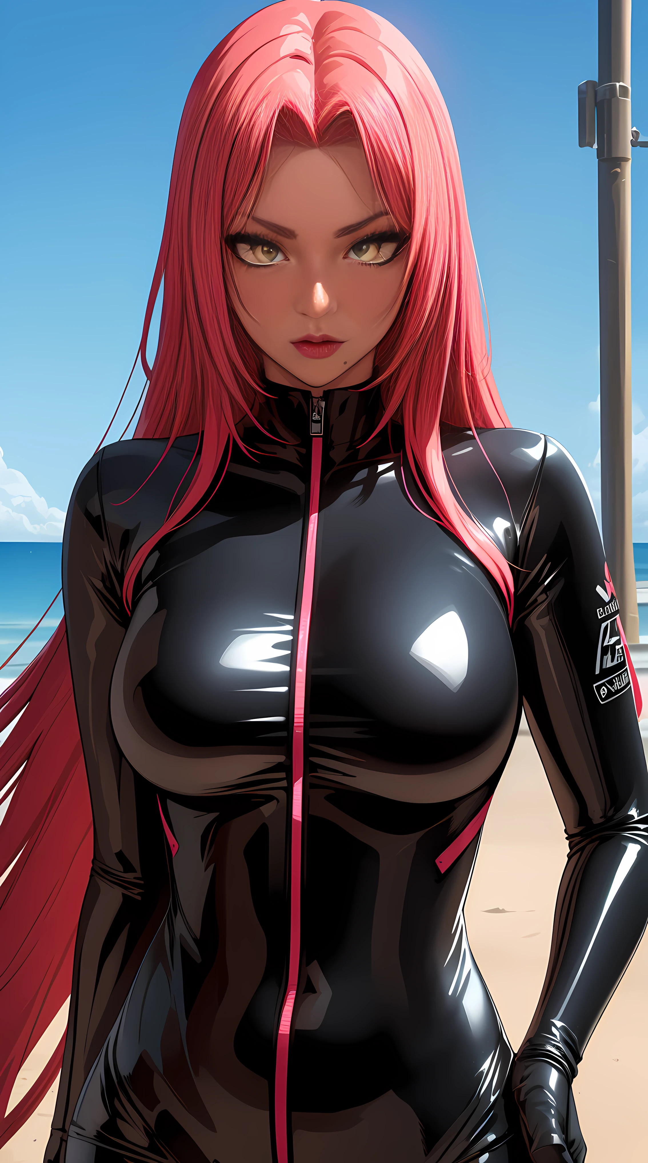 (highres, high quality:1.2), intricate details, cinematic lighting, sharp focus, depth of field, Ingrid, 1girl, mature female, (dark-skinned female:1.1), dark skin, ((upper body, half body shot:1.3)), (looking at viewer, sunny beach, determined, pink red hair, very long hair, hair intakes, makeup, lipstick, (mole under mouth:0.8), eyelashes, yellow eyes, detailed face, full bodysuit latex, natural large breasts, (solo:1.4), extremely detailed character, beautiful character design, professional art, unity 8k wallpaper, seductive, looking at viewer, naughty looks