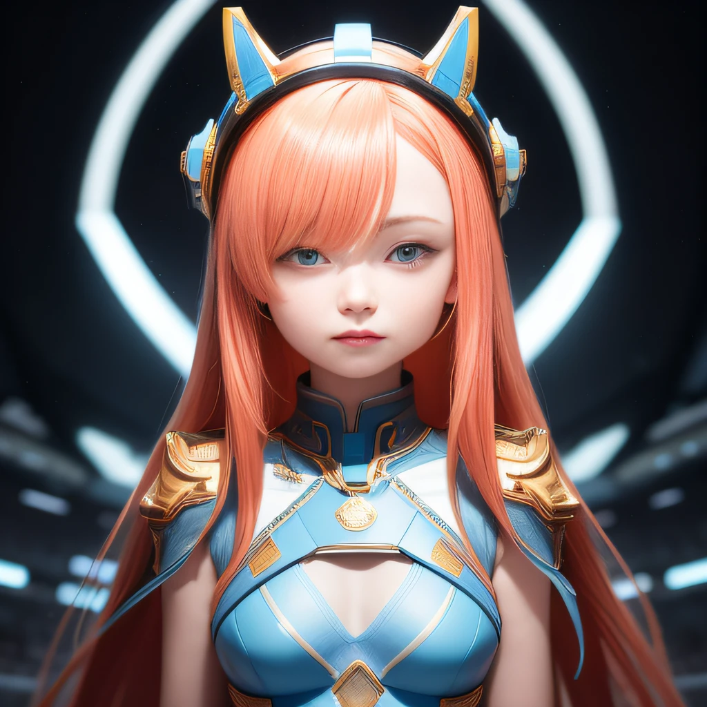 Highest image quality，Outstanding details，Ultra-high resolution，（Fidelity：1.4），The best illustration，Favor the details，Highly cohesive 1girl，He has a delicate and beautiful face，Dressed in a light orange mech，wearing a mech helmet，Hold the direction controller，Ride on blue and white porcelain，Blue and white porcelain background，It is the high-tech lighting of the abandoned city of the future，