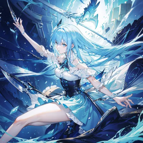 light blue hair beautiful scythe girl full length picture high image long hair super delicate strong odd-eye