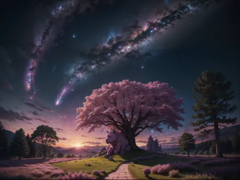 (master part), (best quality), (ultra-detalhado), ((landscape))  open field with pink plants and trees with galaxy in the sky st...