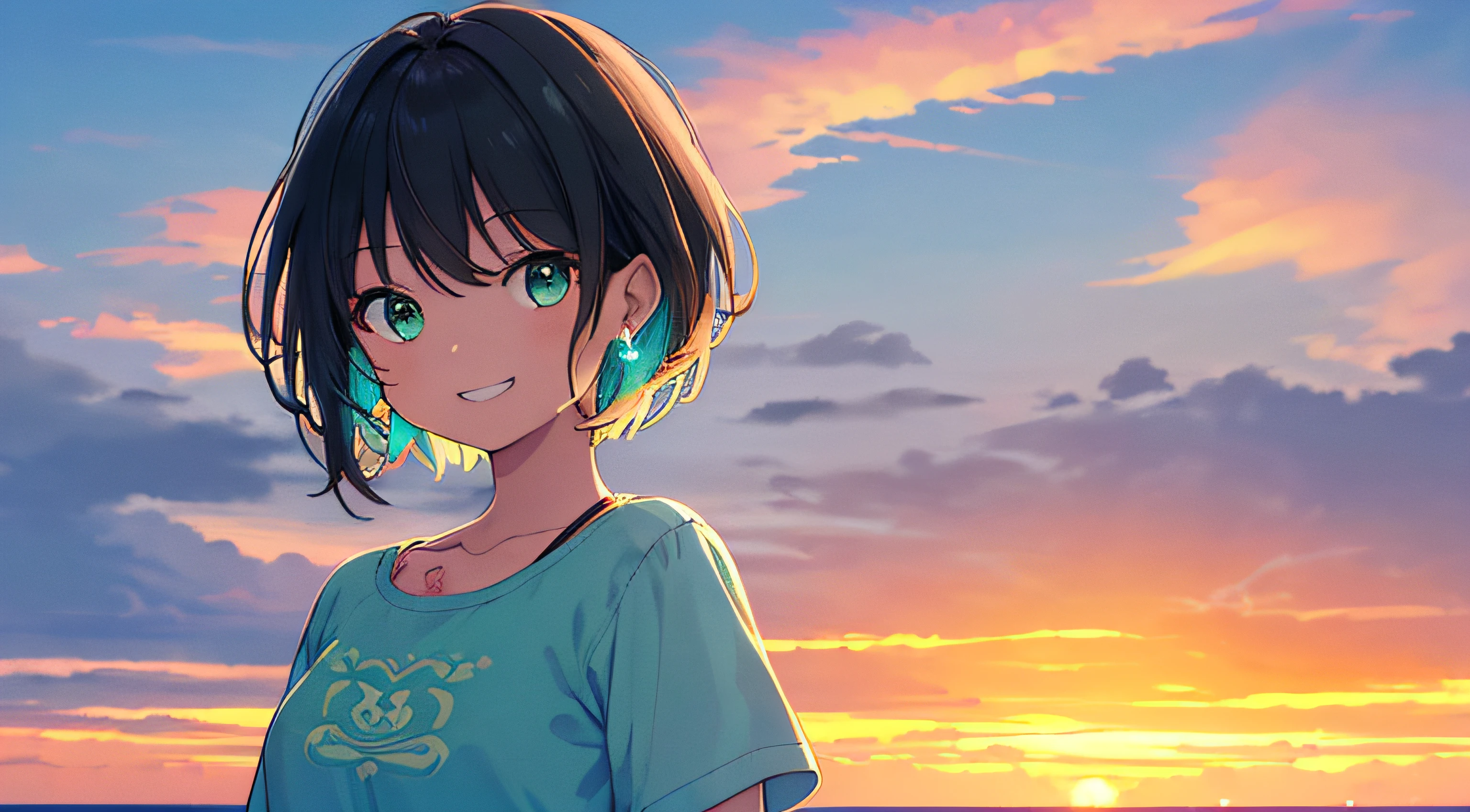 Anime girl with green eyes standing on the beach at sunset - SeaArt AI