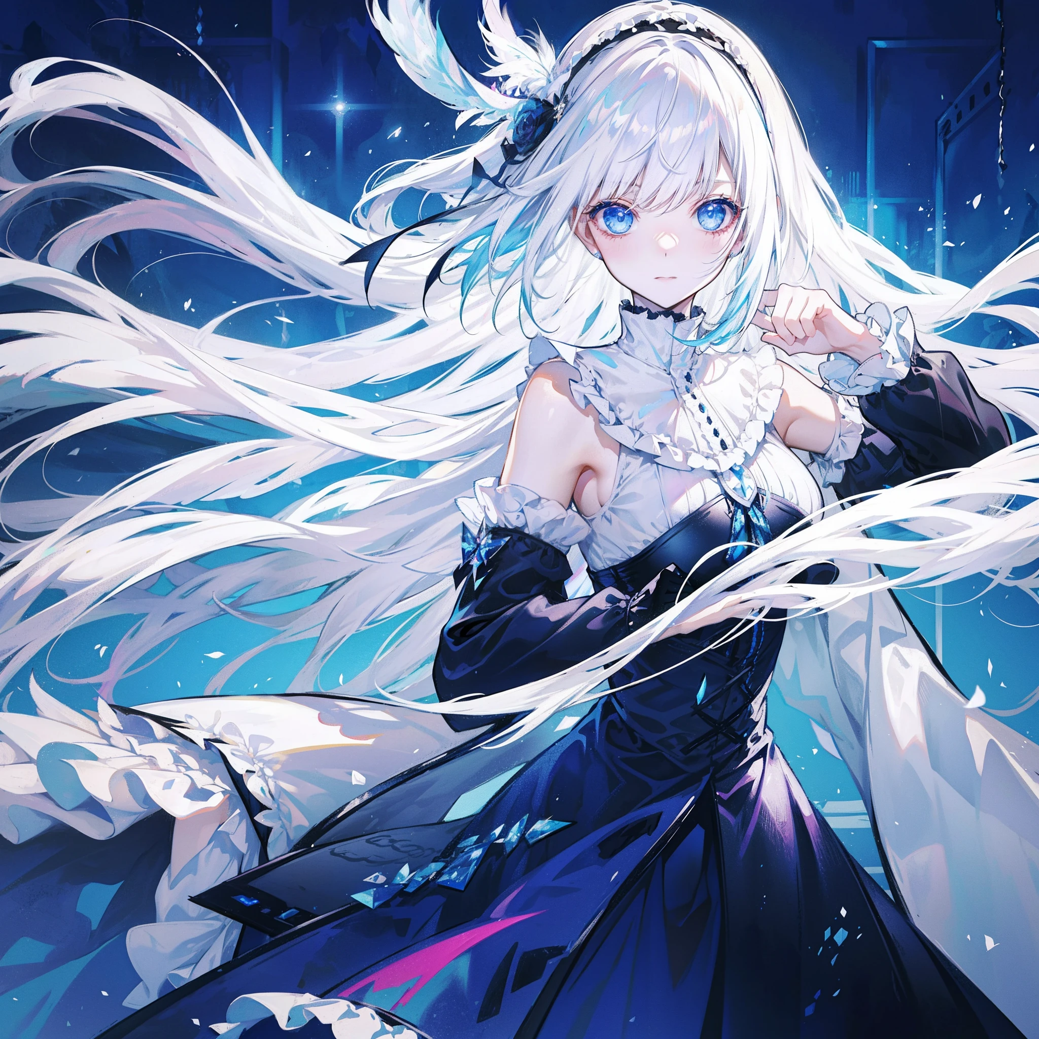 White Hair Blue Eyes Cute Big  Goth Lolita Magic Feather Long Hair Super Delicate Ultra High Quality Gorgeous Background