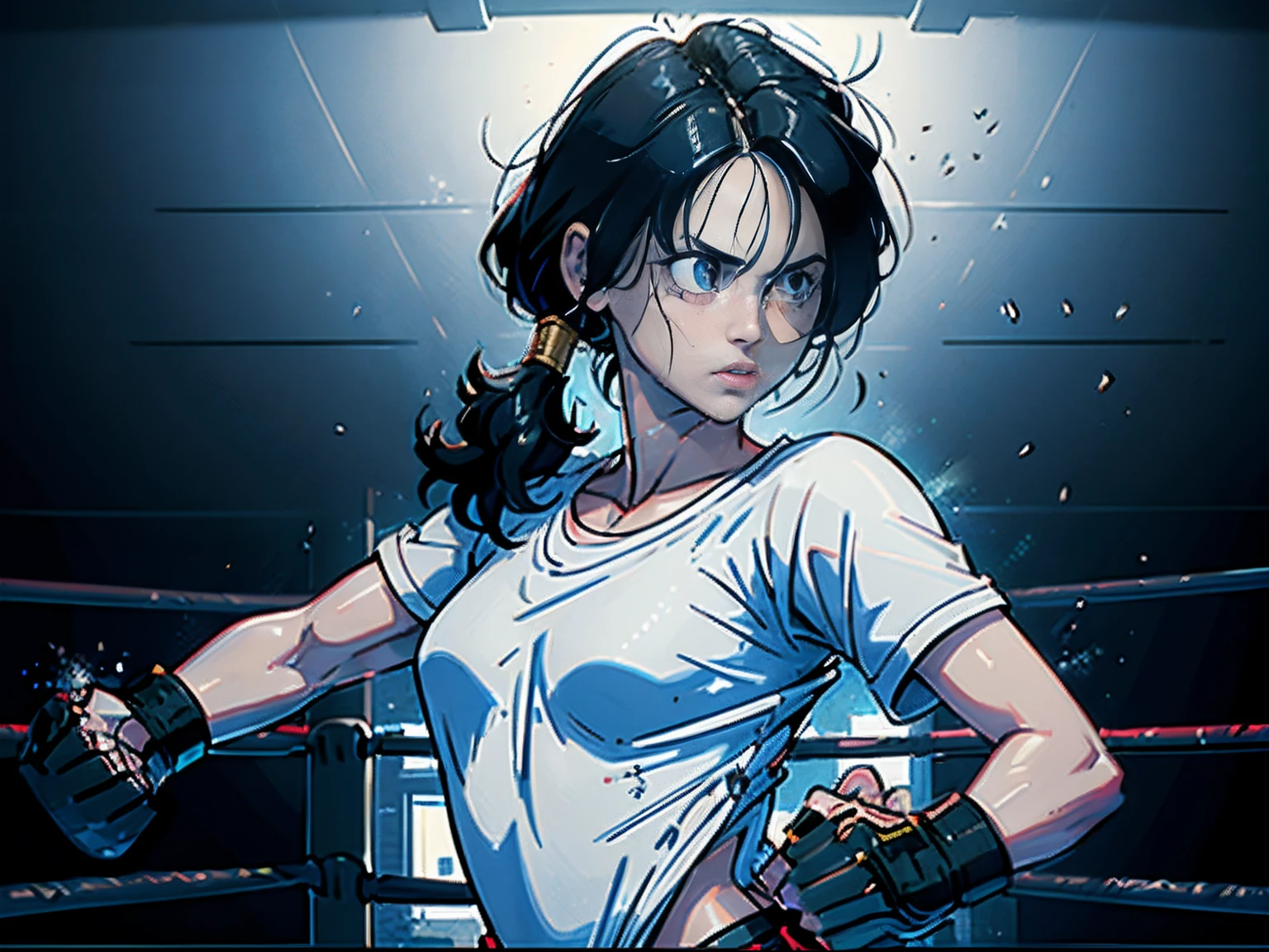 (Original), (Boxing Match), (Best Quality), (Masterpiece), Photographic Reality, Realistic, Very Detailed Illustrations, (1 Girl), Beautiful Eyes, (Delicate Face), Perfect Details, (Best Lighting), (Super Intricate Details), (Boxing Girl), (Aggressive Punching), Sweat, Heavy Breathing, (Crushing Attack), (Boxing Ring), Sports Shorts, Perfect Details, Perfect Fingers, Perfect Limbs, Impact, (Shiny Skin), Abs, Muscles, Waist Line, Boxing Shorts , boxing, black hair, high double ponytail, super long hair, 4K unity, (super fine CG: 1.2), (8K: 1.2), realistic, octane rendering, dragon ball, videl, oversized white shirt, blue eyes