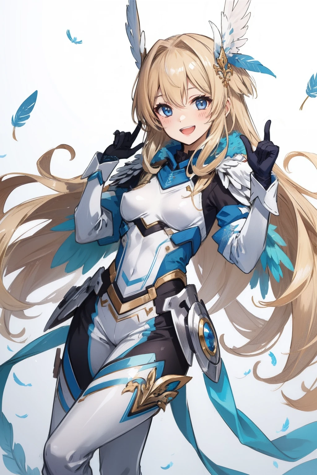 feather wings, Valkyrie, cheerful smile, laugh, flat breast, looking at viewer,