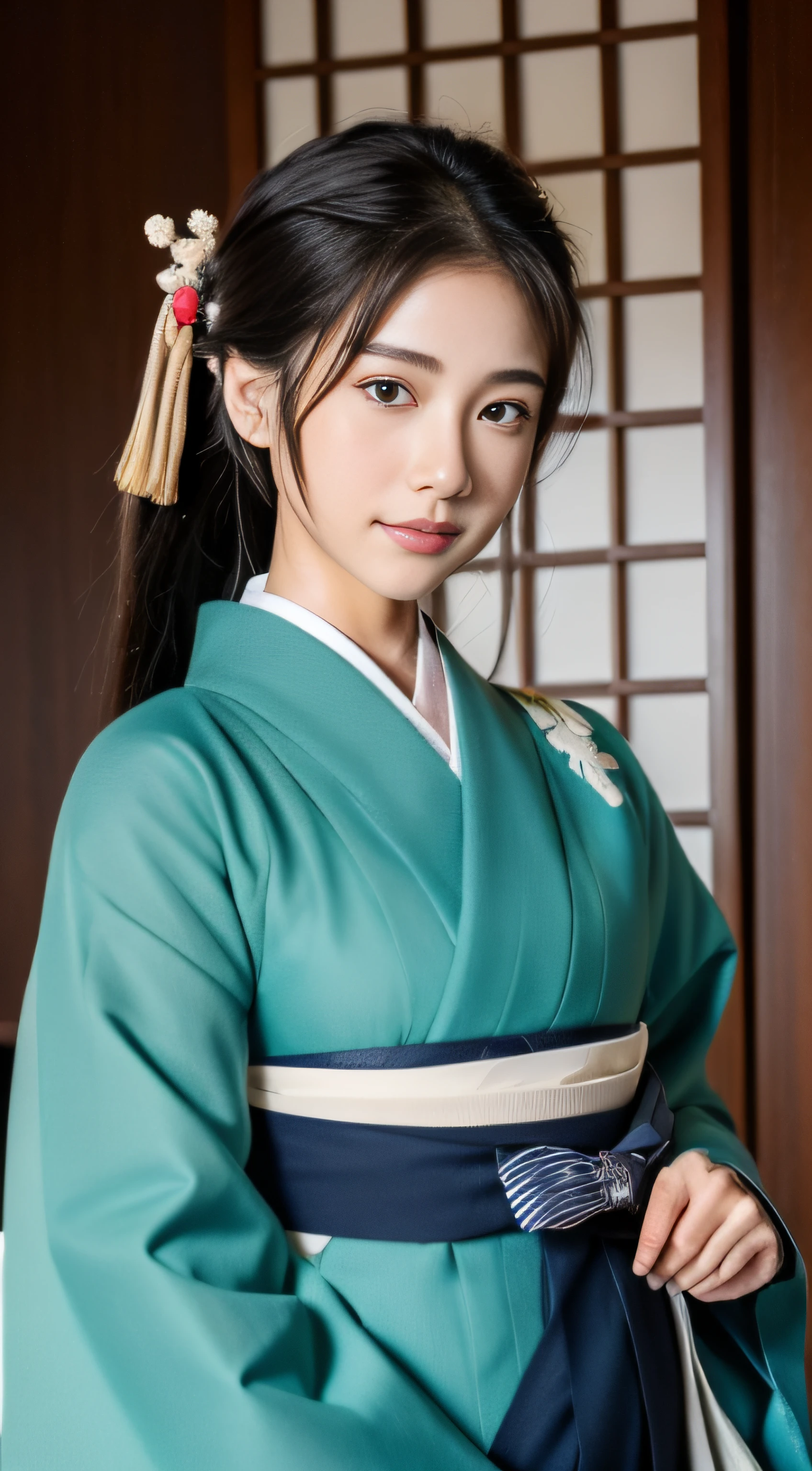 (((Female Student Hakama))), 24-year-old fashion model with super beauty, perfect  eyes, Perfect iris，Perfect lips，perfect teeth，Perfect Skin，With fair skin，Soft front light，nffsw，Movie girl，ssmile，(Hakama of a female student Japan in the Taisho era)，The background is the Japan cityscape of the Taisho era，Taisho era Japan buildings，Taisho era bicycles in Japan、Green Tree々，florals，grass field，4K Ultra HD, 超A high resolution, (Photorealistic: 1.4), Best Quality，masutepiece，Utra dilution，（PastelColors：1.2）