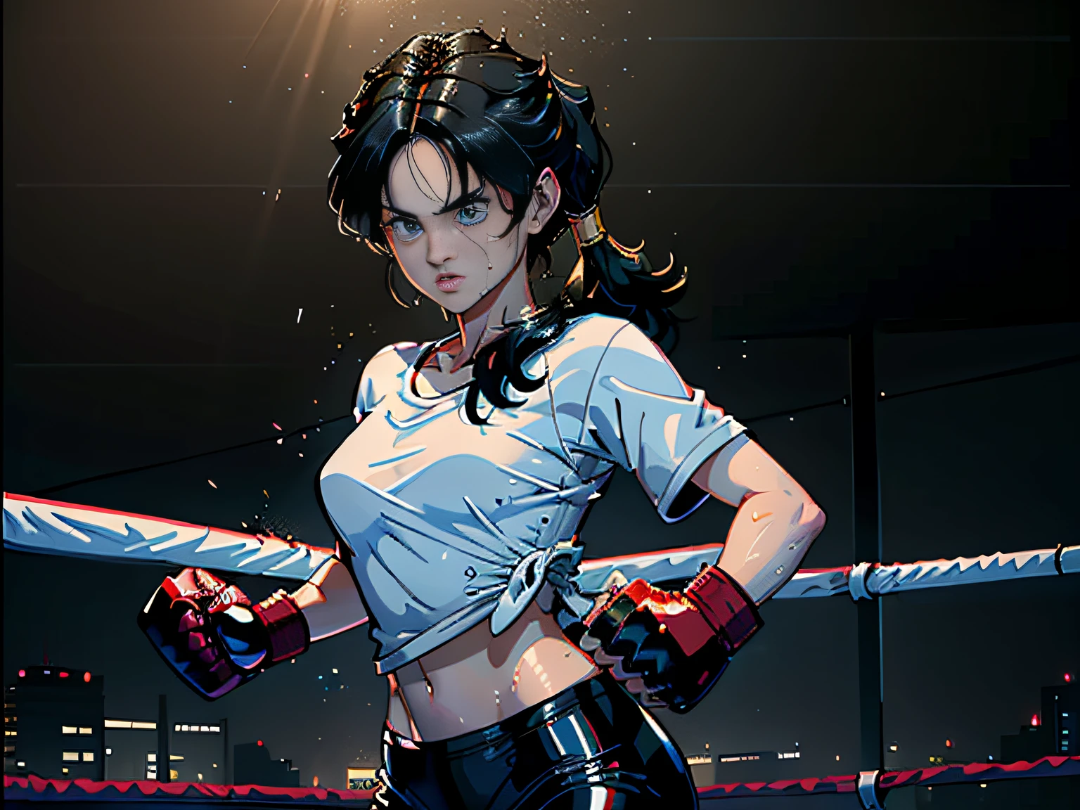 (Original), (Boxing Match), (Best Quality), (Masterpiece), Photographic Reality, Realistic, Very Detailed Illustrations, (1 Girl), Beautiful Eyes, (Delicate Face), Perfect Details, (Best Lighting), (Super Intricate Details), (Boxing Girl), (Aggressive Punching), Sweat, Heavy Breathing, (Crushing Attack), (Boxing Ring), Sports Shorts, Perfect Details, Perfect Fingers, Perfect Limbs, Impact, (Shiny Skin), Abs, Muscles, Waist Line, Boxing Shorts , boxing, black hair, high double ponytail, super long hair, 4K unity, (super fine CG: 1.2), (8K: 1.2), realistic, octane rendering, dragon ball, videl, oversized white shirt, blue eyes