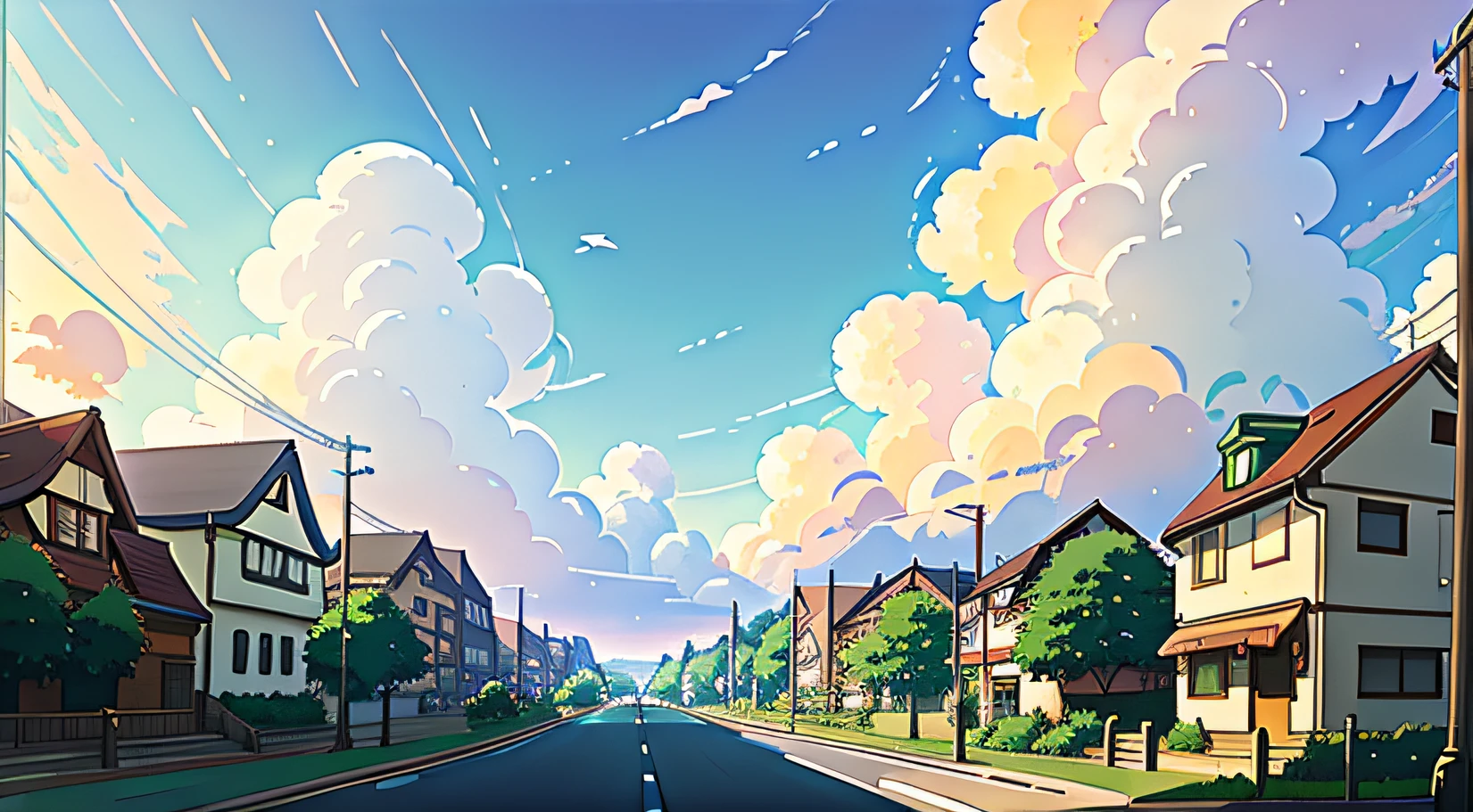 the street，Curved，Loepfe view, Countryside, Sun, Clouds, View from below, Landscape background, Shadows, Contrast, Makoto Shinkai (Best quality:1.3), (A high resolution:1) Studio Ghibli-inspired art, Vibrant colors, Impressionism