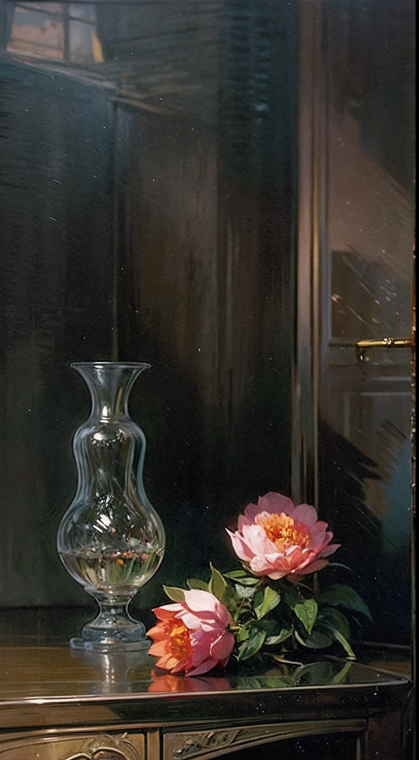 oil painting still life,  in the historical interior environment, darkened room, cinematic lighting, contrast lighting, big round transparent glass vase with peonies