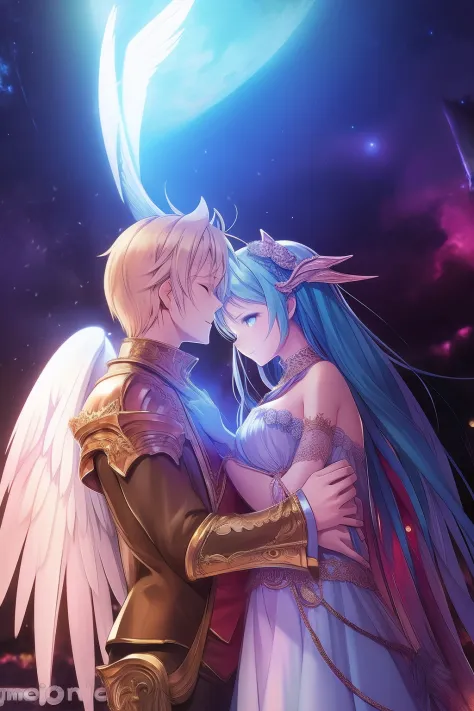 A romantic embrace between an angel and a devil couple, Illuminated by distant nebulae.
