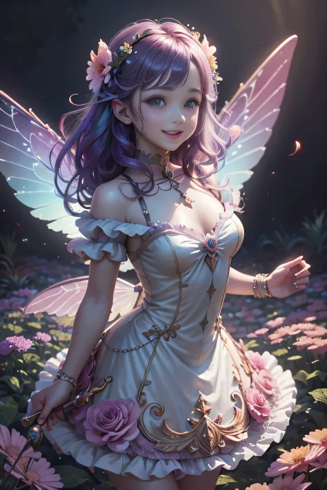 Cute flower fairy baby（flatchest）, happy laughing, Let's be happy, Colorful wings, Hold your shiny wand, in the beautiful garden...