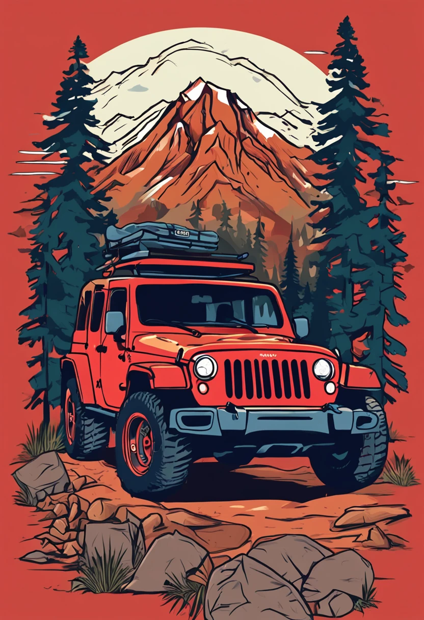 Vector T-shirt art red jeep wrangler color graffiti illustration ready to print, Swiss Alps, Tall trees, summer,Camping Tent，Bonfire background，light，Mountain Label，Sunset painting，camping，High detail painting，Camping and colorful，jen bartel，Outdoor bonfire pit，Landscape painting，Mountain Scenes，Sexy beauty