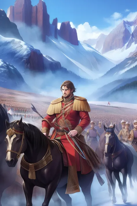 Realistic depiction of a young Hannibal Barcelona slowly climbing through the Alps with his scattered army of soldiers in a blizzard