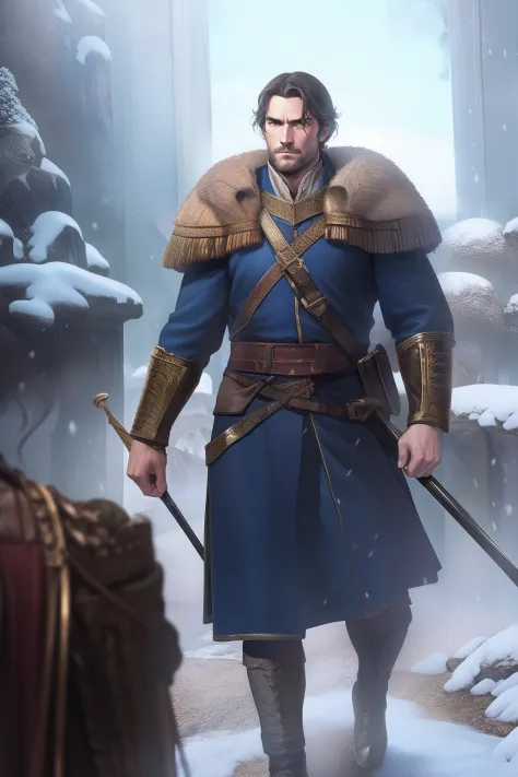 Realistic depiction of a young Hannibal Barcelona slowly climbing through the Alps with his scattered army of soldiers in a bliz...