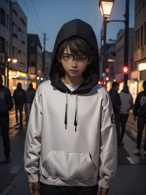 A boy，Wearing a sweatshirt with a hood in a sweatshirt，On the streets at night，the street lights，Bust photo