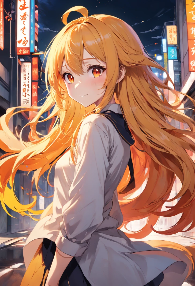 Create an anime-style illustration of a girl with long yello hair, dressed in minimalist clothing that accentuates her curves. Emphasize a body with a gentle, curvy figure. Convey her confidence and unique charm through her pose and expression, showcasing a character who embraces her form with grace and style anime girl smiling,  messy hair, red , yellow & orange dragon eyes, cute face, girlfriend look, white top, black short skirt, sensual pose