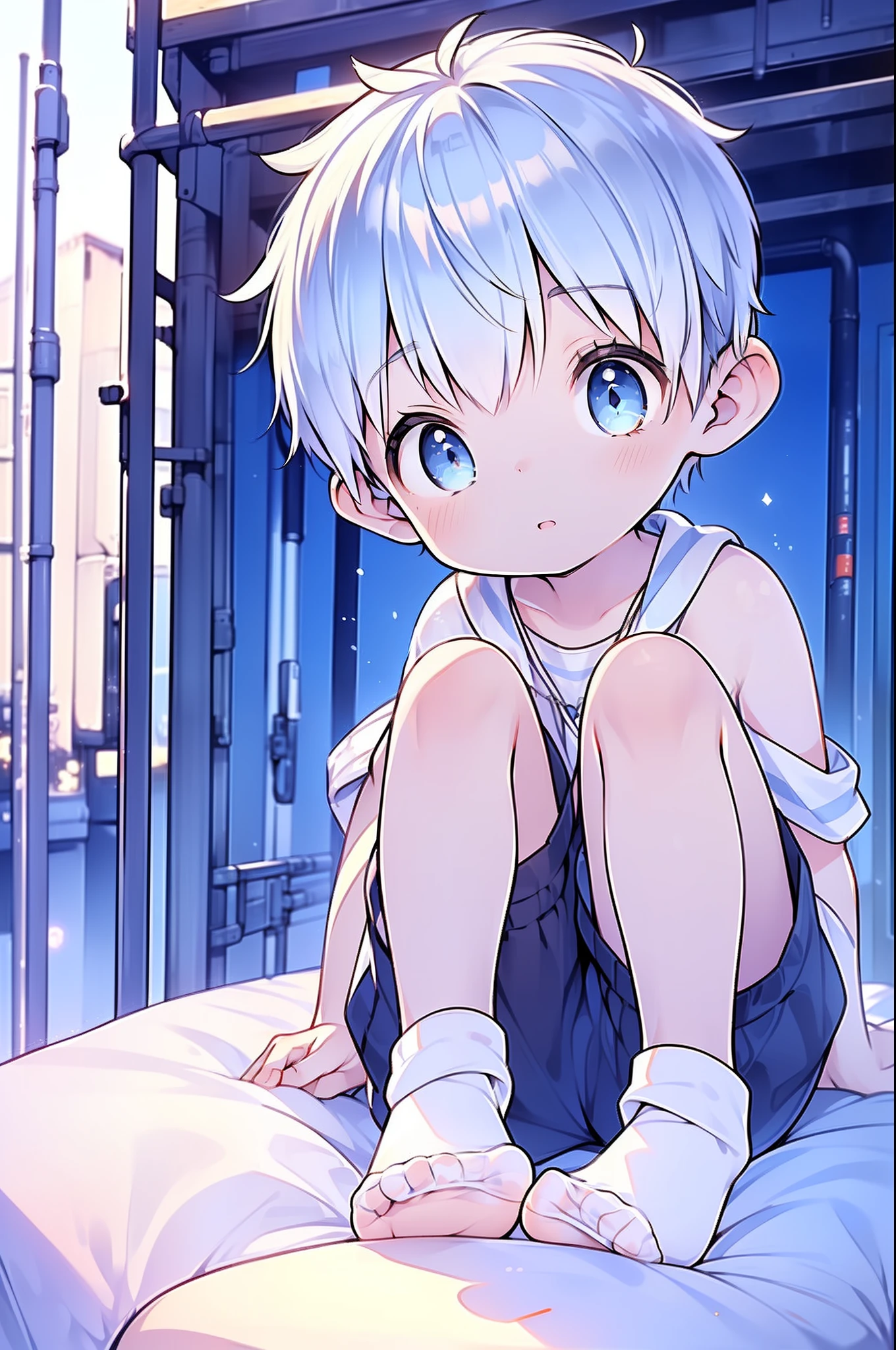 Shota Little Boy White Head, arms, body, legs with bluish black pattern, whole body, eyes and pupils blue, feet, (Young:1.4), (Child:1.4), (Shota:1.8), (male:1.8), (boy:1.9), NegfeetV2, (blue eyes:1.6), (blue hair:1.6), (short hair:1.7), (feet in focus:1.2), (socks:1.6), (laying on bed:1.4), (foot:1.4),