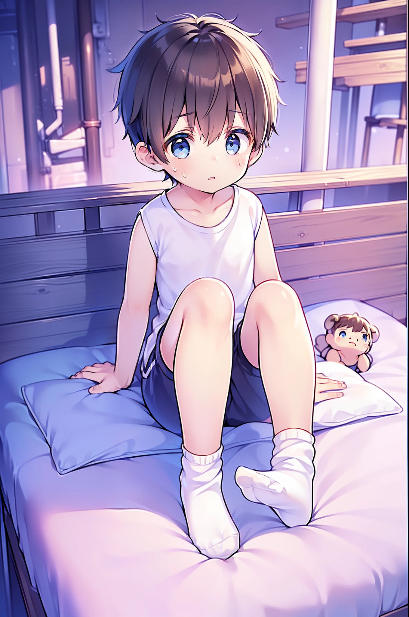 Shota Little Boy White Head, arms, body, legs with bluish black pattern, whole body, eyes and pupils blue, feet, (Young:1.4), (Child:1.4), (Shota:1.8), (male:1.8), (boy:1.9), NegfeetV2, (blue eyes:1.6), (brown hair:1.6), (short hair:1.7), (feet in focus:1.2), (socks:1.6), (laying on bed:1.4), (foot:1.4), (sweatpants:1.4),