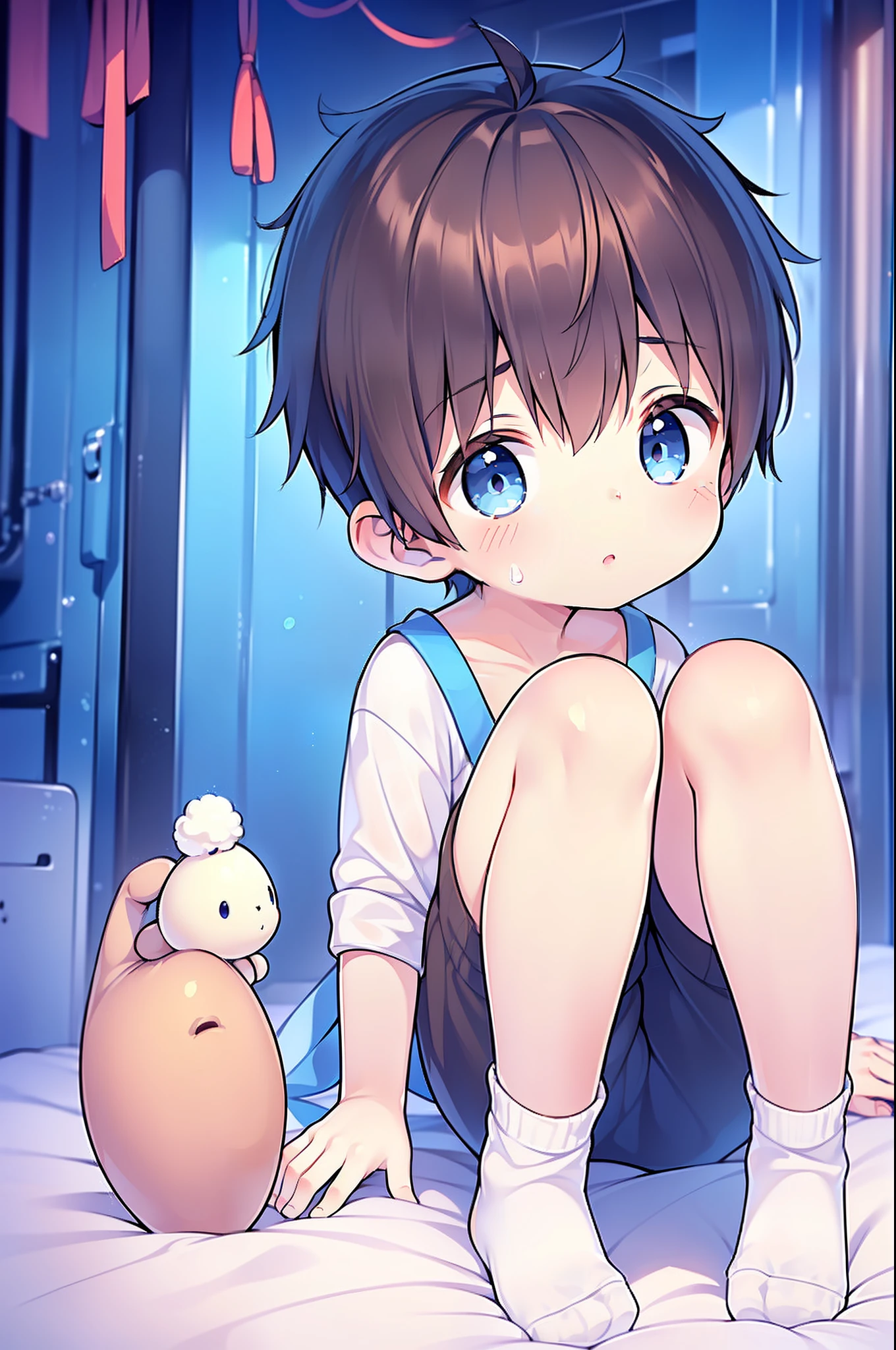 Shota Little Boy White Head, arms, body, legs with bluish black pattern, whole body, eyes and pupils blue, feet, (Young:1.4), (Child:1.4), (Shota:1.8), (male:1.8), (boy:1.9), NegfeetV2, (blue eyes:1.6), (brown hair:1.6), (short hair:1.7), (feet in focus:1.2), (socks:1.6), (laying on bed:1.4), (foot:1.4), (sweatpants:1.4),