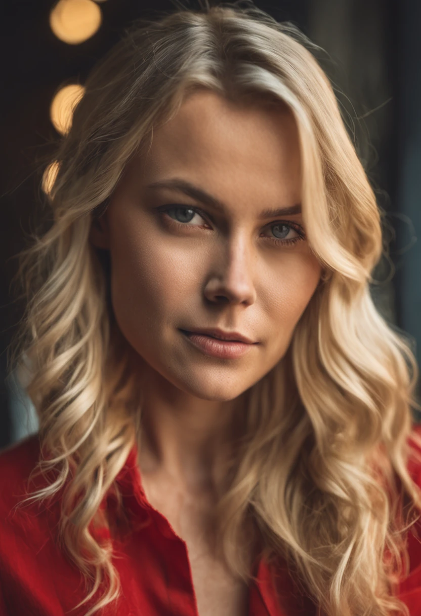 Blonde woman with long hair and red shirt staring at camera, Close up of blonde woman, blonde and attractive features, blonde swedish woman, Blonde Woman, a photography of a beautiful woman, Attractive woman, Young blonde woman, Beautiful blonde woman, a girl with blonde hair, women's pictures, Beautiful rounded face, attractive young woman, portrait of a beautiful model、infp young woman、Facing the front